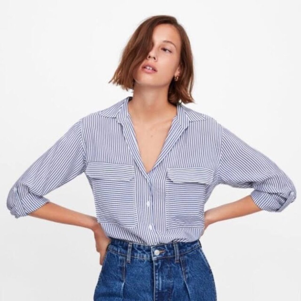 Zara Pin Striped Blue White Oversized Button Down Dress Shirt size L
